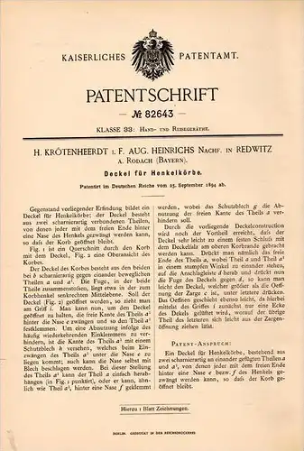 Original Patentschrift -  A. Krötenheerdt in Redwitz a. Rodach , 1894 , Deckel für Henkelkorb , Korb , Heinrichs !!!