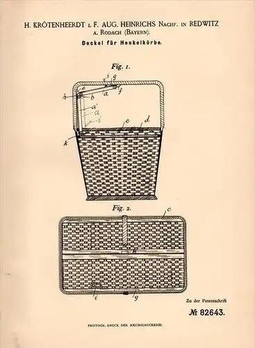 Original Patentschrift -  A. Krötenheerdt in Redwitz a. Rodach , 1894 , Deckel für Henkelkorb , Korb , Heinrichs !!!