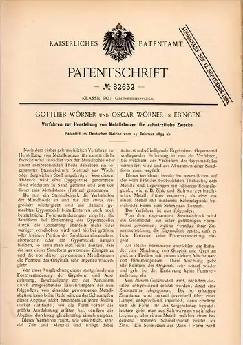 Original Patentschrift - O. Wörner in Ebingen b. Albstadt , 1894 , Metallstanze für Zahnarzt , Gebiss , Zähne , Prothese