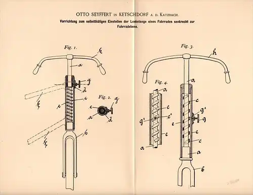 Original Patentschrift - O. Seyffert in Ketschdorf a.d. Katzbach , 1895 , Lenkstange für Fahrrad , Kaczawa , Kaczorów !!
