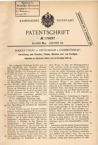 Original Patentschrift - R. Uhlig in Leitelshain b. Crimmitschau ,1905, Apparat zum Waschen und Bleichen , Waschmaschine