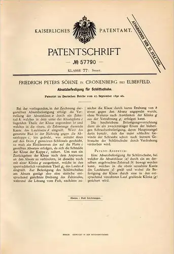 Original Patentschrift - F. Peters Söhne in Cronenberg b. Elberfeld , 1890 , Schlittschuhe - Befestigung , Eislauf  !!!