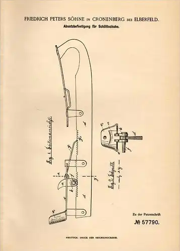 Original Patentschrift - F. Peters Söhne in Cronenberg b. Elberfeld , 1890 , Schlittschuhe - Befestigung , Eislauf  !!!