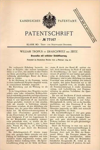 Original Patentschrift - W. Tropus in Draschwitz b. Zeitz , 1894 , Brennofen mit Schüttfeuerung , Ziegelei ,  !!!