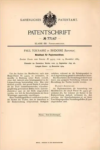 Original Patentschrift - Paul Tourasse dans Bridoire , Savoie , 1893 , Tissu métallique pour machines à papier !!!