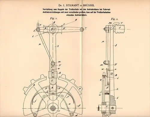 Original Patentschrift - Dr. L. Stilmant in Brüssel , 1899 , Fahrrad - Kupplungsapparat für Tretkurbel , bicycle !!!