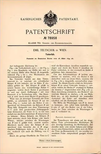 Original Patentschrift - Emil Teltschik in Wien , 1894 , Tintenfaß , Tinte , Tintenfass !!!