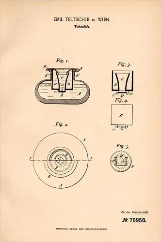 Original Patentschrift - Emil Teltschik in Wien , 1894 , Tintenfaß , Tinte , Tintenfass !!!