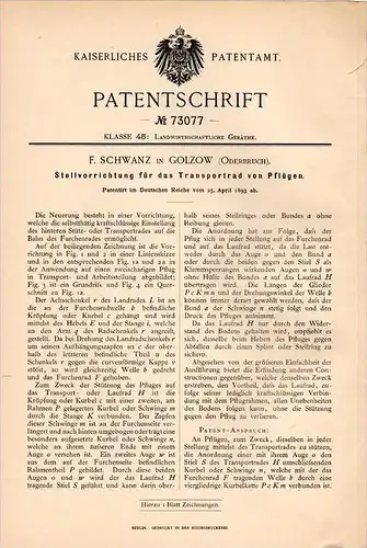 Original Patentschrift - F. Schwanz in Golzow , 1893 . Stellapparat für Pflug , Landwirtschaft , Agrar , Oderbruch !!!