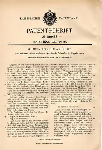 Original Patentschrift - W. Roscher in Görlitz , 1905 , Schnecke für Ziegelpresse , Ziegel , Ziegelei , Bau !!!