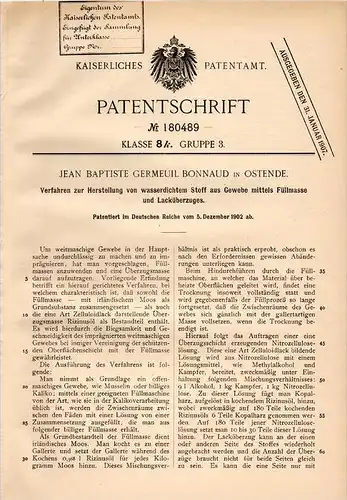 Original Patentschrift - J. Bonnaud in Ostende , 1902 , wasserdichter Stoff aus Füllmasse und Lack !!!