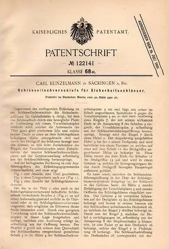 Original Patentschrift -C. Kunzelmann in Säckingen a. Rh.1900, Schlüsselloch - Verschluss , Türschloss , Schlüsseldienst