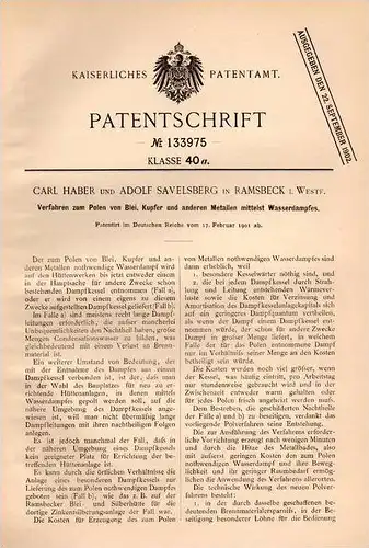 Original Patentschrift -C. Haber und A. Savelsberg in Ramsbeck i. Westf.,1901, Polen von Blei und Kupfer , Bestwig !!!