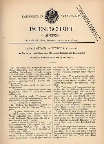 Original Patentschrift - M. Smetana in Wygoda b. Lisków , 1894 , Hartgummi aus Sägespähne , Kalisz !!!