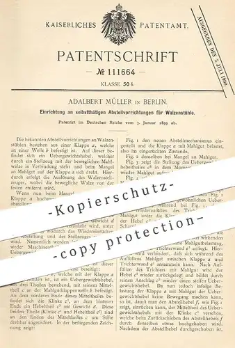 original Patent - Adalbert Müller , Berlin , 1899 ,  Abstellvorrichtung für Walzenstuhl | Mühle , Walze , Walzen !!