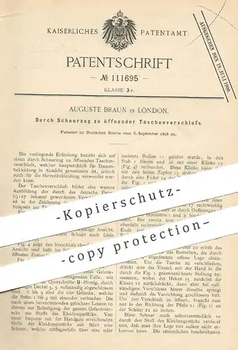 original Patent - Auguste Braun , London , England , 1898 , per Schnurzug zu öffnender Taschenverschluss | Tasche , Mode