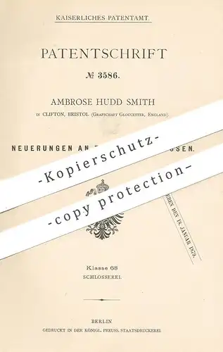 original Patent - Ambrose Hudd Smith , Clifton , Bristol , Gloucester  England , 1878 , Türverschluss , Schloss | Riegel