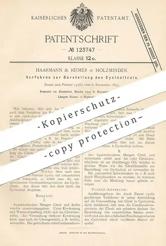 original Patent - Haarmann & Reimer , Holzminden , 1900 , Darstellung von Cyclocitral | Citral , Säure , Chemie !!!