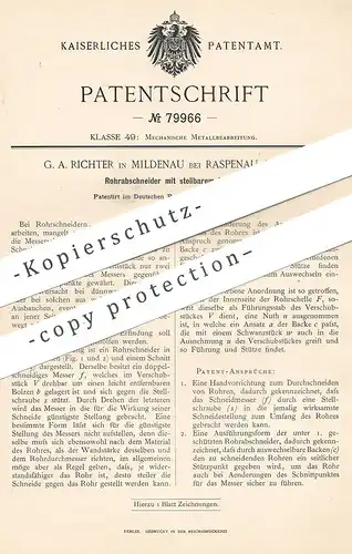 original Patent - G. A. Richter , Mildenau / Raspenau / Böhmen , 1894 , Rohrabschneider mit stellbarem Messer | Metall !
