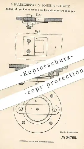 original Patent - S. Huldschinsky & Söhne , Gleiwitz 1885 , Verschluss in Dampfkesselwandung | Dampfkessel  Wasserkessel