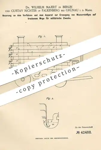 original Patent - Dr. Wilhelm Majert , Berlin | Gustav Richter , Falkenberg / Grünau , 1887 , Wasserstoffgas für Militär