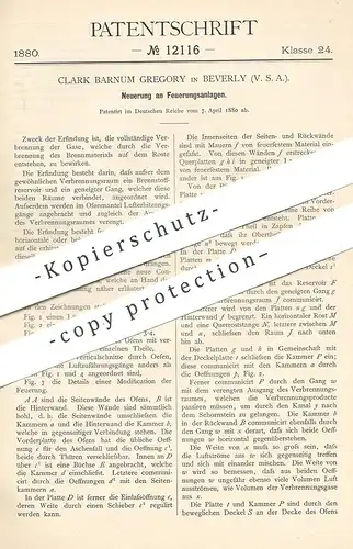 original Patent - Clark Barnum Gregory , Beverly , USA , 1880 , Feuerungsanlage | Feuerung , Ofen , Öfen , Heizung !!!