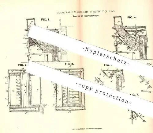 original Patent - Clark Barnum Gregory , Beverly , USA , 1880 , Feuerungsanlage | Feuerung , Ofen , Öfen , Heizung !!!