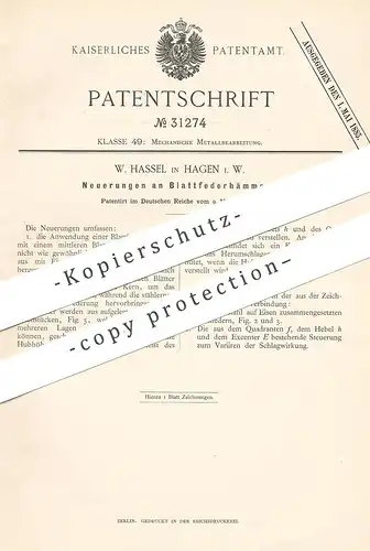 original Patent - W. Hassel , Hagen , 1884 , Blattfedernhammer | Blattfeder - Hammer | Hämmer | Metall , Schmied !!!