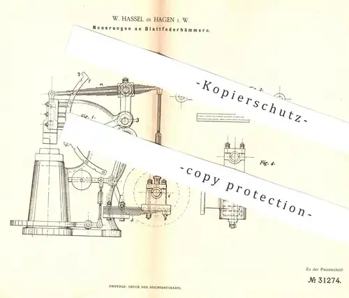 original Patent - W. Hassel , Hagen , 1884 , Blattfedernhammer | Blattfeder - Hammer | Hämmer | Metall , Schmied !!!