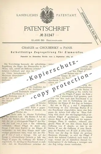 original Patent - Charles de Choubersky , Paris , Frankreich , 1884 , Zugregulierung für Zimmerofen | Ofen , Ofenbauer !