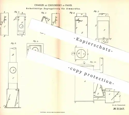 original Patent - Charles de Choubersky , Paris , Frankreich , 1884 , Zugregulierung für Zimmerofen | Ofen , Ofenbauer !