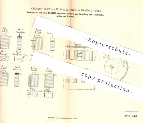 original Patent - Hermann Tietz , Selwig & Lange , Braunschweig  1883 , Herst. von Zuckerplatten | Zucker , Zuckerfabrik