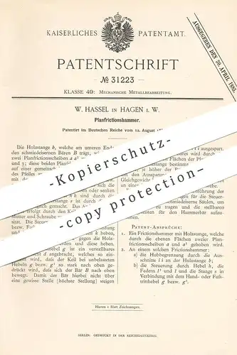 original Patent - W. Hassel , Hagen , 1884 , Planfriktionshammer | Friktionshammer | Hammer , Metall | Eisen , Stahl !!