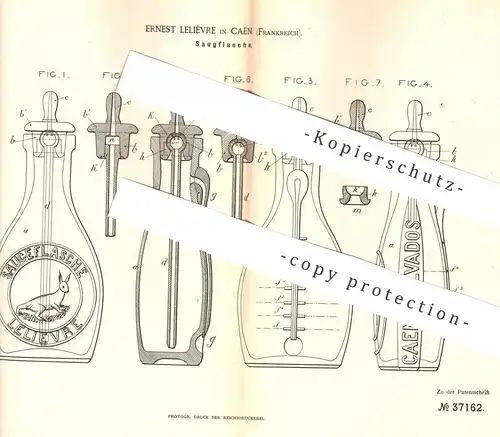 original Patent - Ernest Lelièvre , Caën , Frankreich , 1886 , Saugflasche | Flasche , Flaschen | Medizin , Arzt !!!