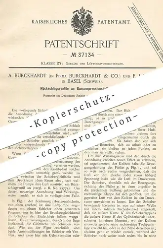 original Patent - Burckhardt & Co. , F. J. Weiss , Basel / Schweiz , 1886 , Ventil an Gaskompressionskolbenpumpe !!!