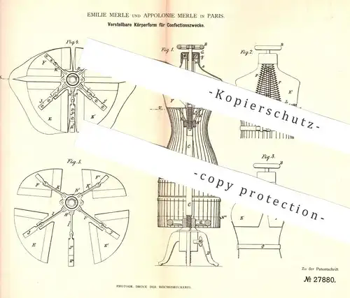 original Patent - Emilie Merle , Appolonie Merle , Paris , Frankreich , 1883 , Körperform für Bekleidung | Schneider !!