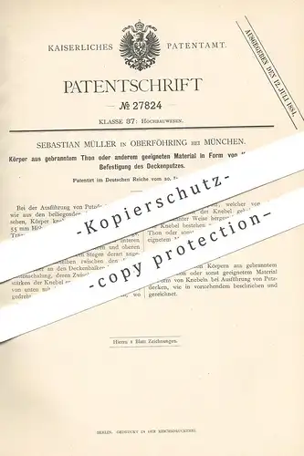 original Patent - Sebastian Müller , Oberföhring / München , 1884 , Befestigung von Deckenputz mittels gebranntem Ton !!