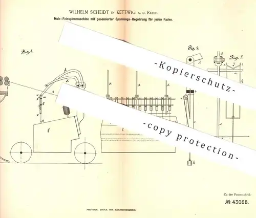 original Patent - Wilhelm Scheidt , Kettwig / Ruhr , 1887 , Mule - Feinspinnmaschine | Spinnmaschine | Spinnerei !!!