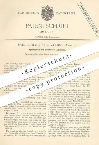 original Patent - Paul Schwenke , Zerbst , 1887 , Sperrschloss mit elektr. Auslösung | Türschloss | Schloss , Schlosser