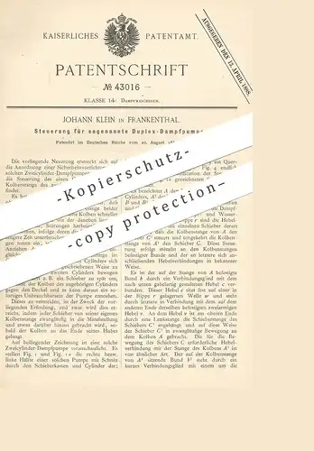 original Patent - Johann Klein , Frankenthal  1887 , Steuerung für Duplex - Dampfpumpe | Dampfmaschine , Motor , Motoren