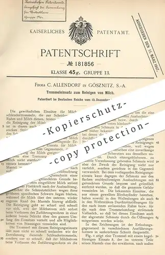 original Patent - C. Allendorf , Gösznitz , 1905 , Trommeleinsatz zum Reinigen von Milch | Milchschleuder | Schleuder !