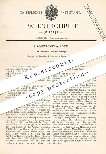 original Patent - F. Soennecken , Bonn , 1885 , Taschenmesser mit Ausfallklinge | Messer , Messerklinge , Klinge !!!