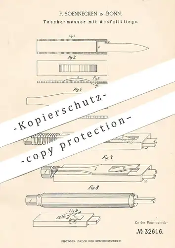 original Patent - F. Soennecken , Bonn , 1885 , Taschenmesser mit Ausfallklinge | Messer , Messerklinge , Klinge !!!