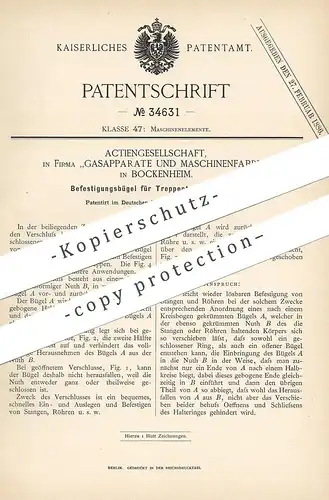 original Patent - AG Gasapparate & Maschinenfabrik Bockenheim , 1885 , Bügel für Treppenteppichstange | Treppe - Teppich