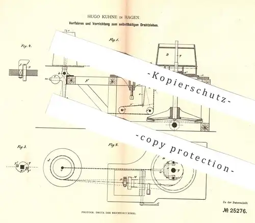 original Patent - Hugo Kuhne , Hagen , 1883 , Drahtziehen | Draht , Drähte | Blech , Maschendraht , Metall , Trommel !!