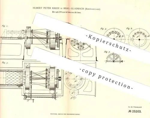 original Patent - Hubert Peter Krein , Bergisch Gladbach / Rheinpreussen , 1882 , Draht - Flechtmaschine | Maschendraht