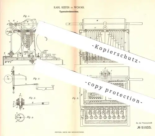 original Patent - Karl Kiefer , Worms , 1889 , Typenschreibmaschine | Typen - Schreibmaschine | Druck , Druckerei , Buch