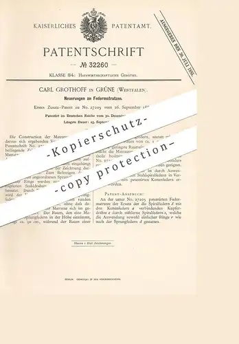 original Patent - Carl Grothoff , Grüne / Westfalen , 1884 , Federmatratze | Federkern - Matratze | Matratzen | Bett !!!