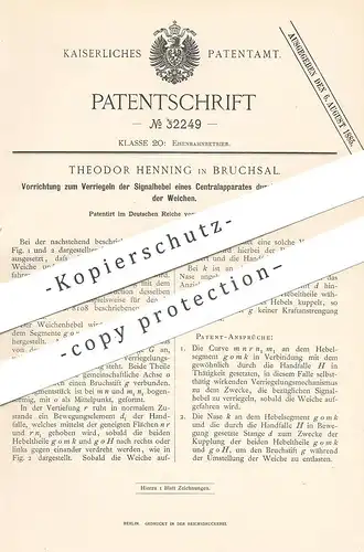 original Patent - Theodor Henning , Bruchsal , 1884 , Verriegeln der Signalhebel an Eisenbahn - Weichen | Eisenbahnen !