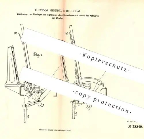 original Patent - Theodor Henning , Bruchsal , 1884 , Verriegeln der Signalhebel an Eisenbahn - Weichen | Eisenbahnen !